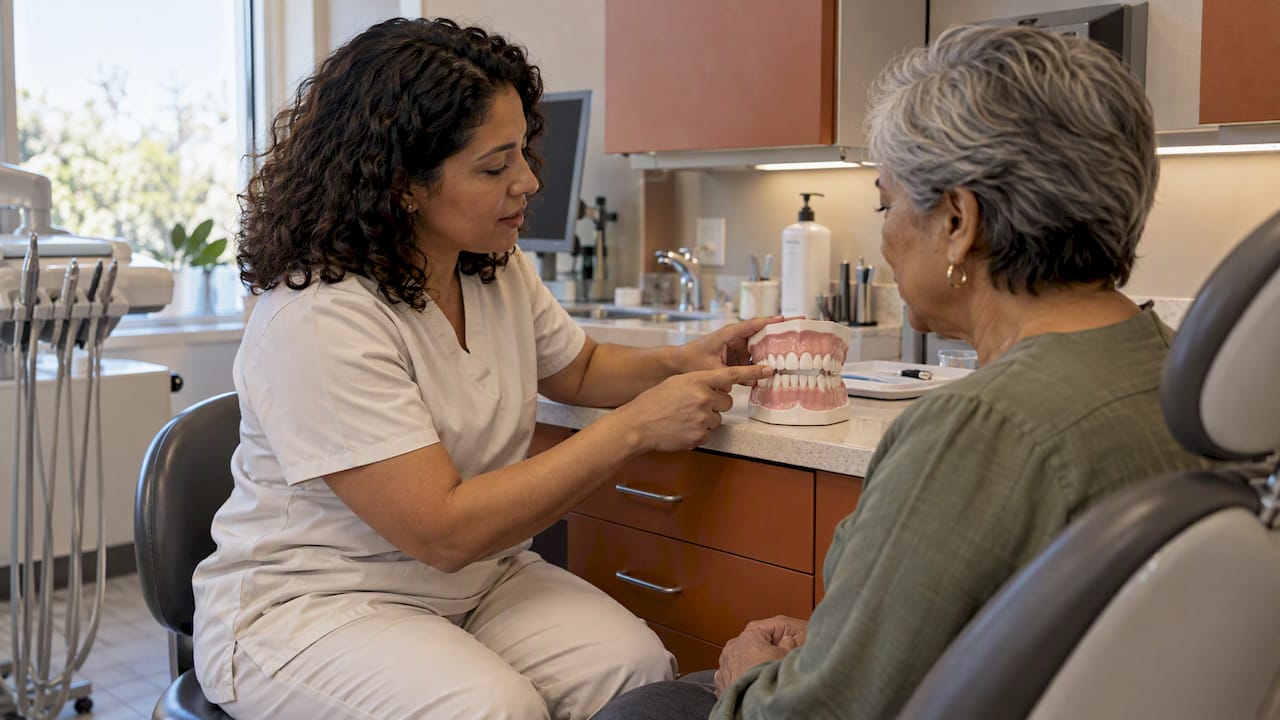 Dentist explains a tooth model to patient
