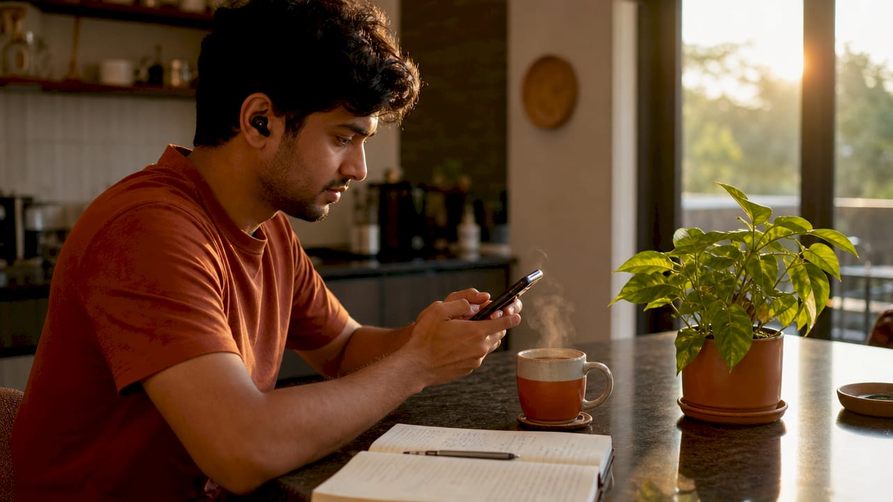 Manos usando teléfono y audífonos en oficina en casa