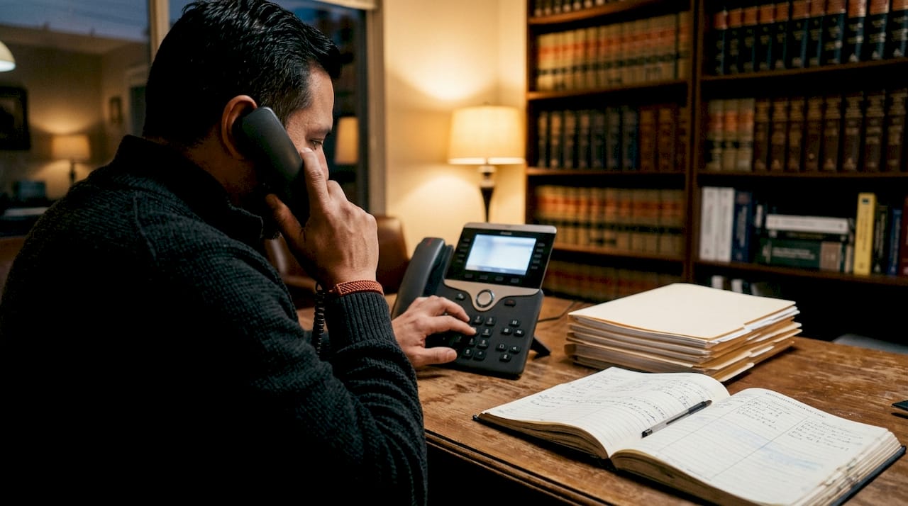 Manos usando un sistema telefónico de enrutamiento de llamadas en una oficina legal