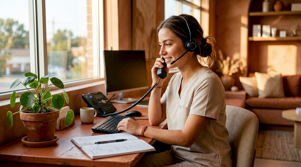 Dental receptionist handling call at front desk