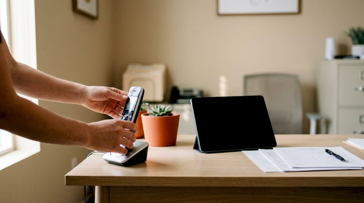 Manos sosteniendo un teléfono durante una llamada de triaje dental