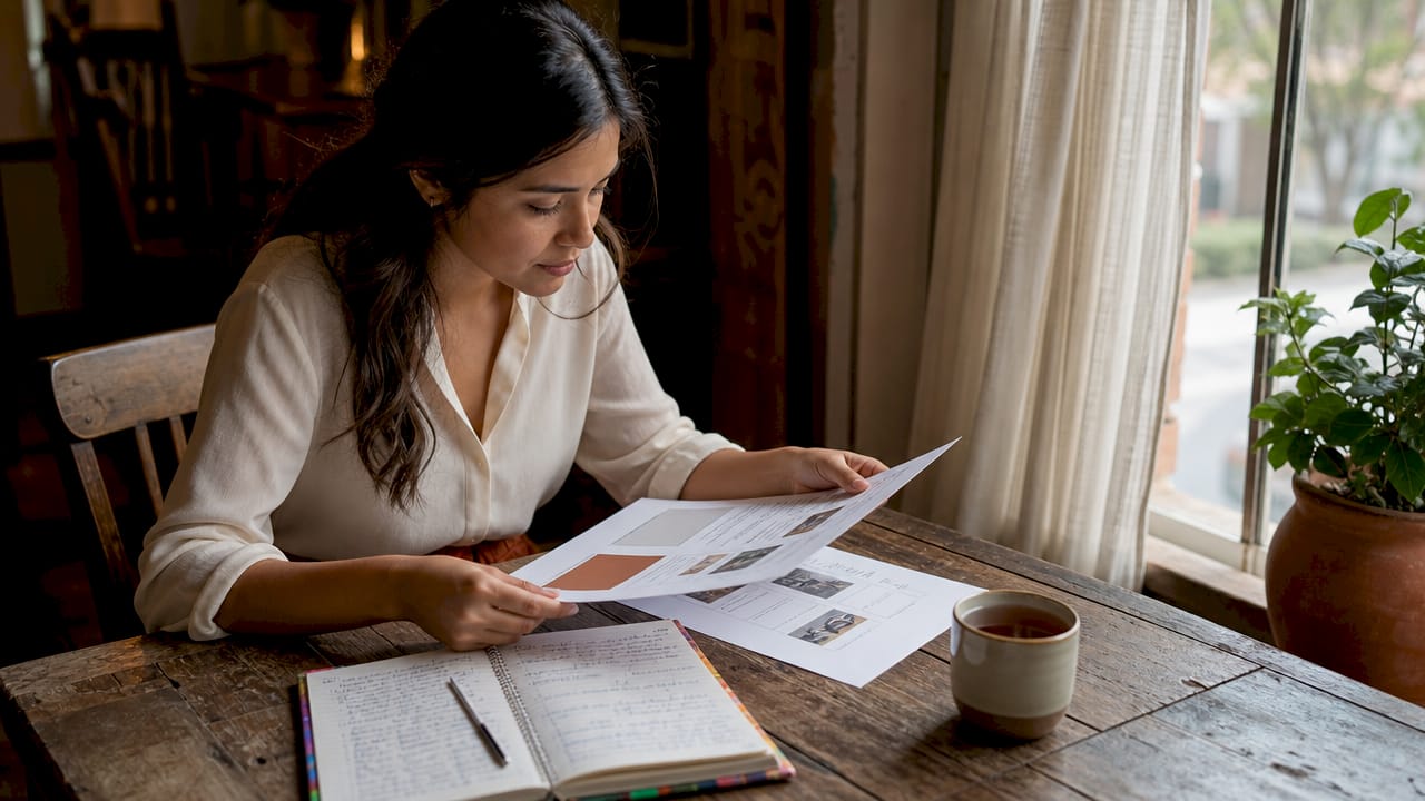 Marketing manager reviewing bilingual content at desk