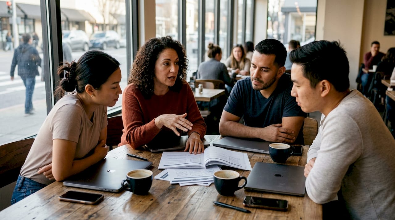Equipo de contenido colaborando en un brief bilingüe