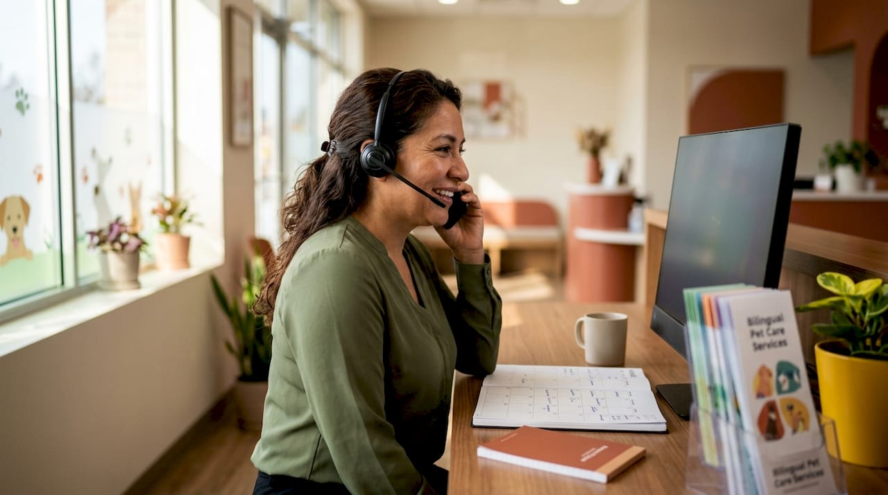 Bilingual receptionist assisting client at front desk