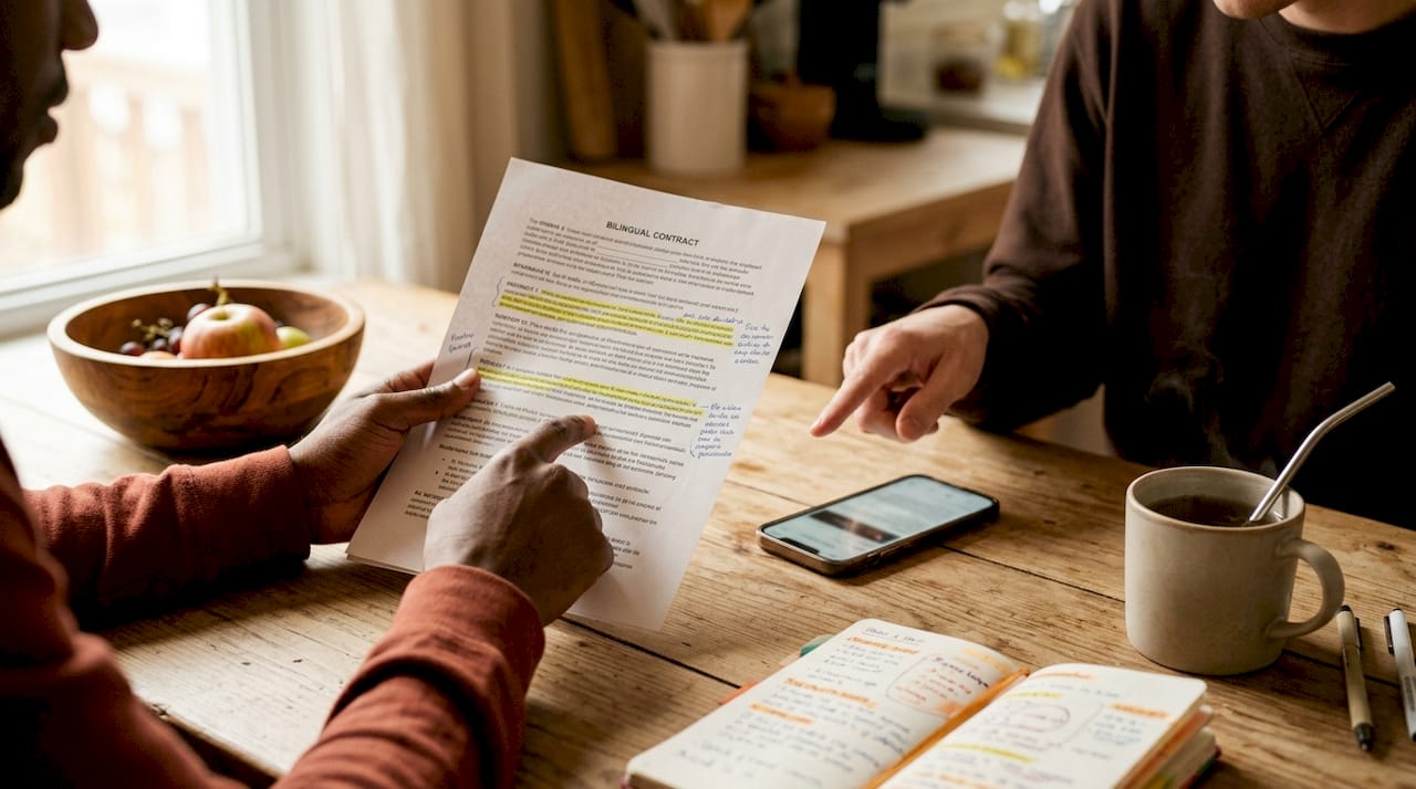 Manos revisando documentos de traducción bilingüe