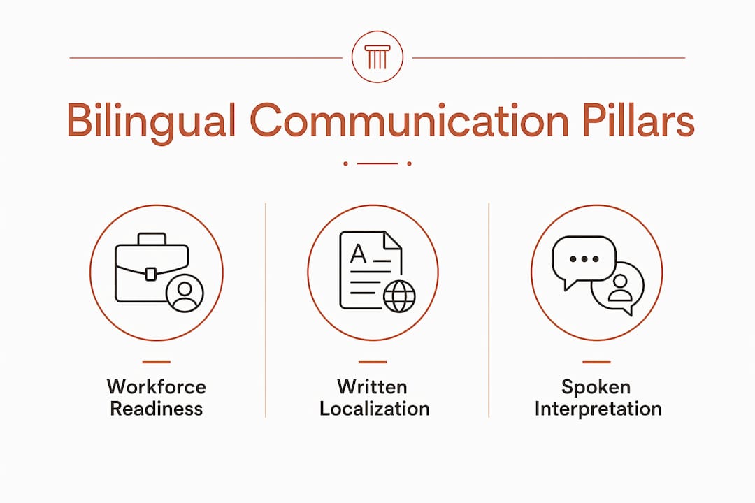 Infografía que muestra los tres componentes principales de la comunicación bilingüe en los negocios