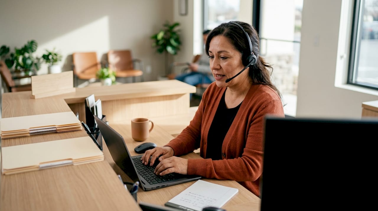 Bilingual receptionist working at medical front desk