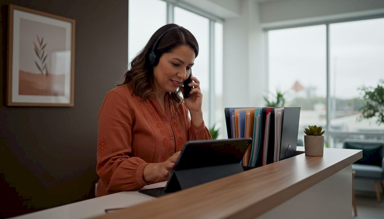 Latina receptionist using bilingual AI system on phone