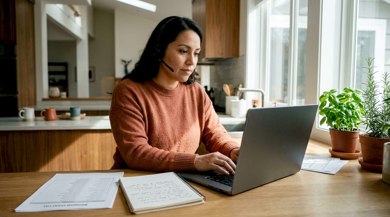 Hispanic woman doing bilingual client follow-up