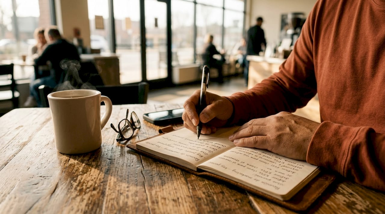 Manos escribiendo notas bilingües en un escritorio