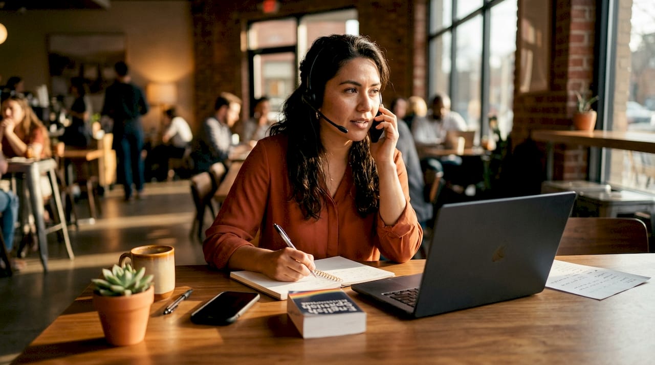 Hispanic woman answering bilingual customer calls