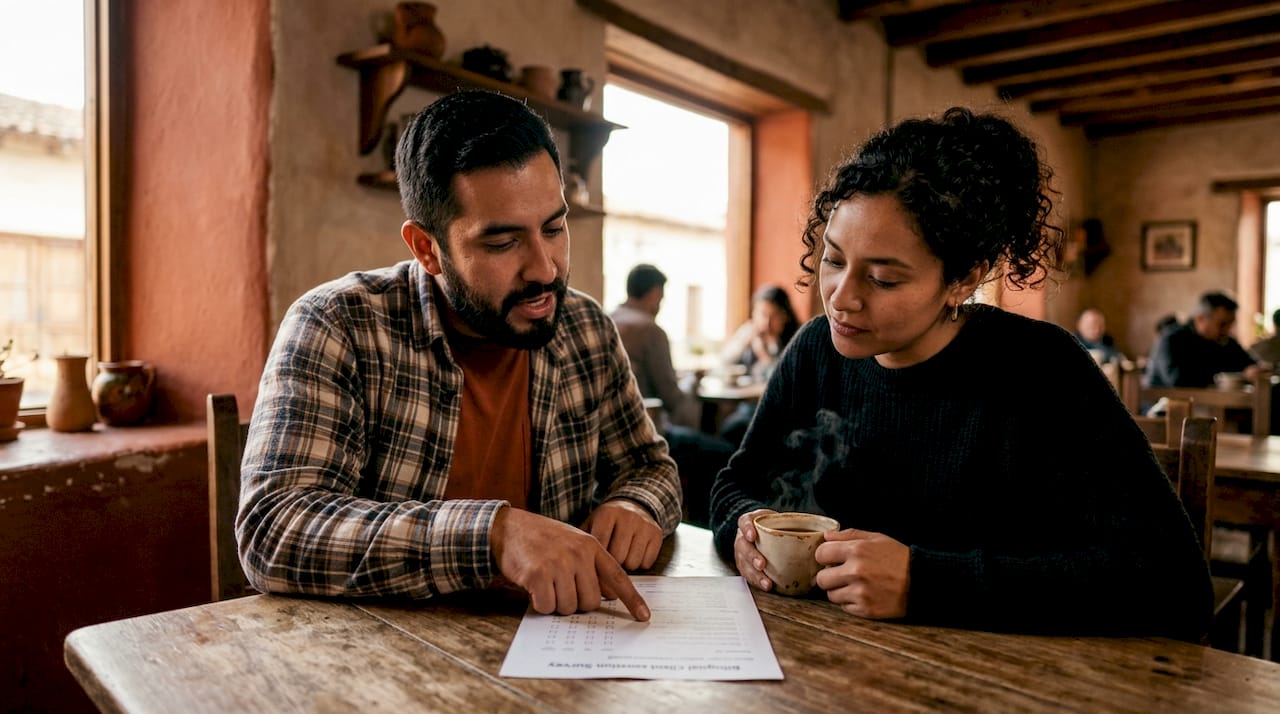 Dos colegas latinos conversando sobre los beneficios del soporte bilingüe
