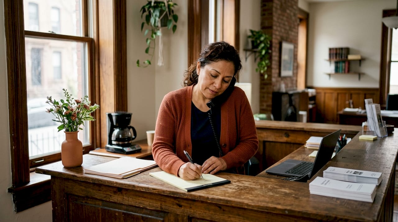 Bilingual legal receptionist on phone at front desk