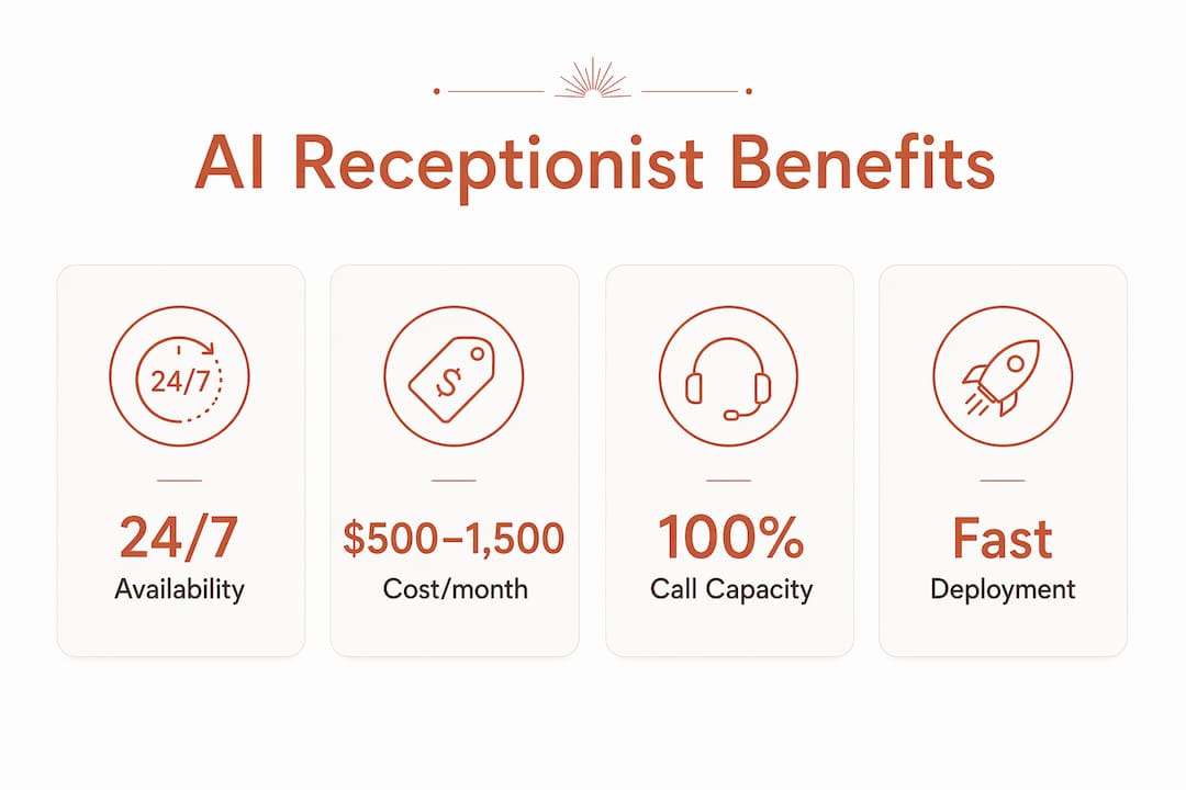 Infografía con los beneficios clave de los recepcionistas de IA