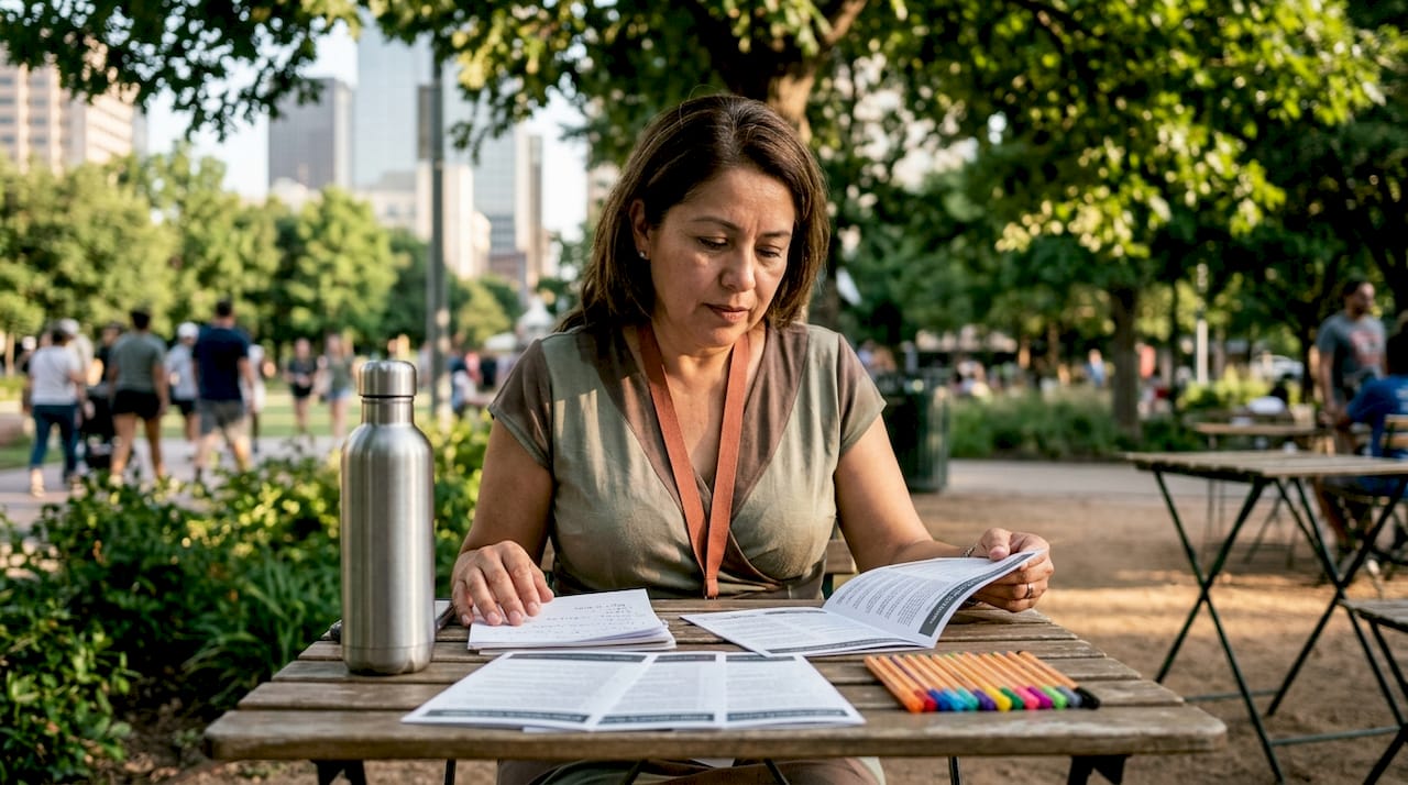 Woman reviewing bilingual support brochures at community center