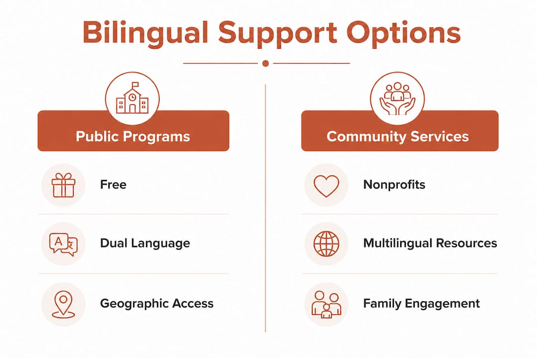 Infografía que compara programas públicos y servicios bilingües comunitarios