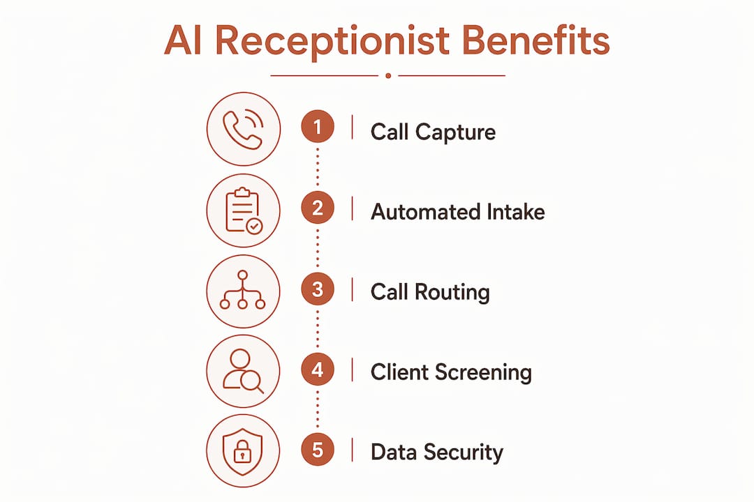 Infografía que muestra los beneficios de un recepcionista legal con IA 24/7 por pasos
