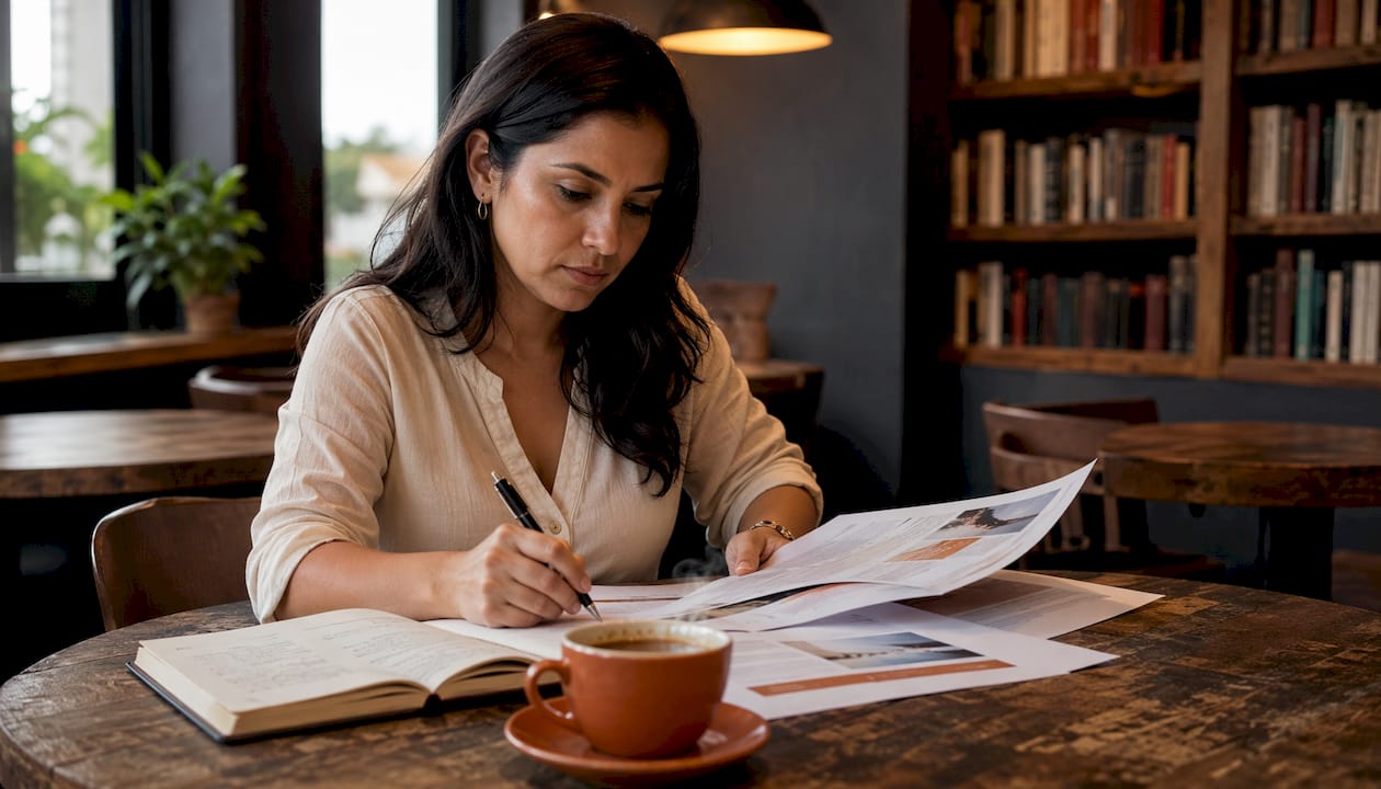 Woman reviewing bilingual communication service documents