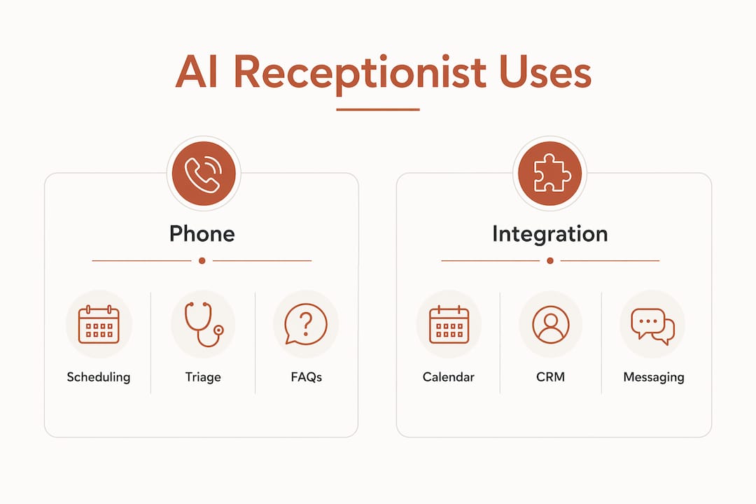 Infografía comparando usos e integraciones de la recepcionista IA