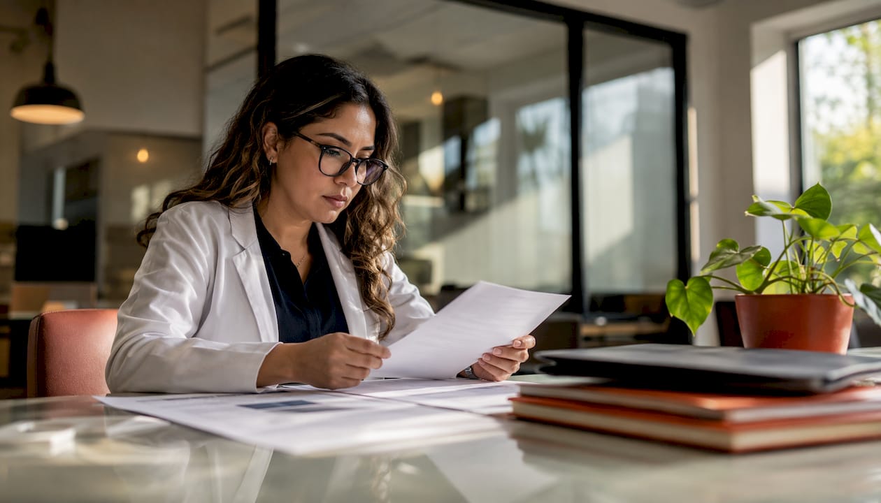 Hispanic healthcare professional reviewing bilingual website drafts