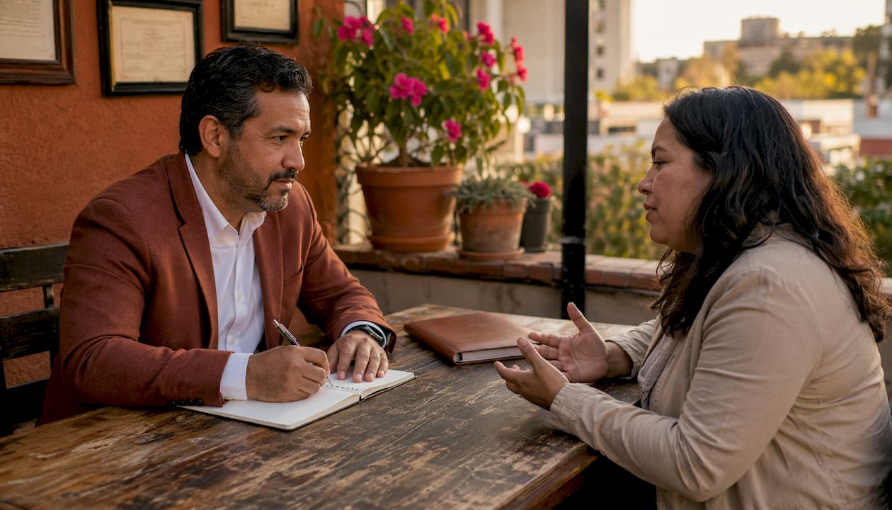 Abogado y cliente hispanohablante conversando
