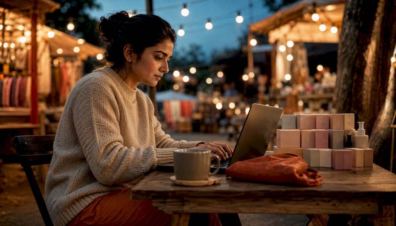 Mujer gestionando chat de IA de ecommerce en un café