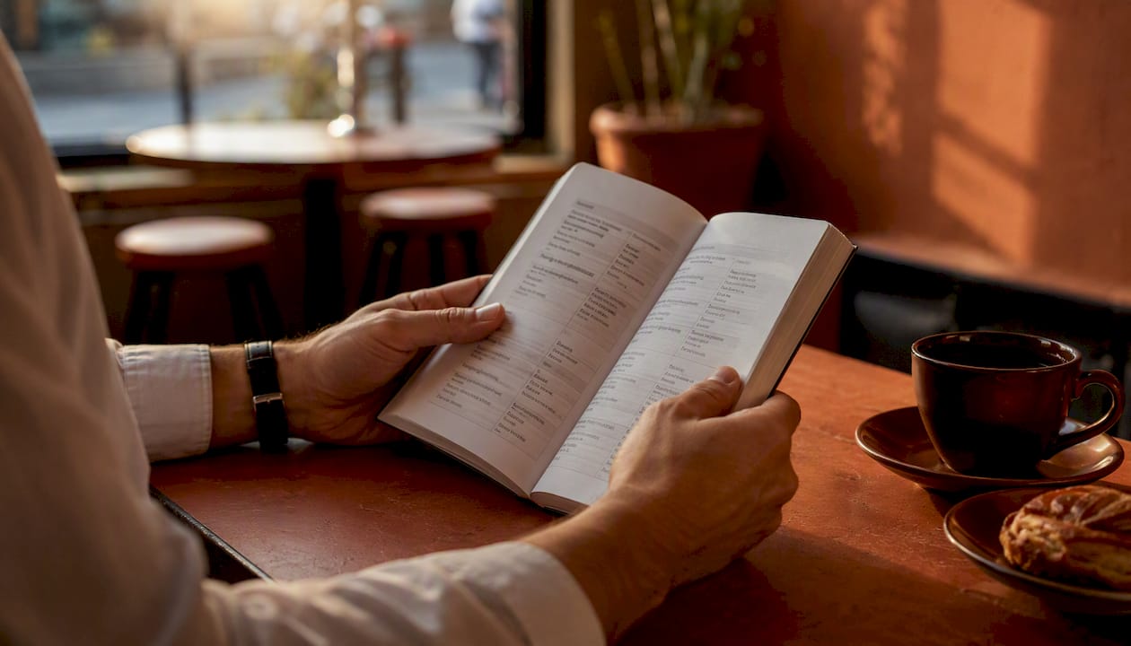 Hands adjusting Spanish phrasebook open to formal and informal speech