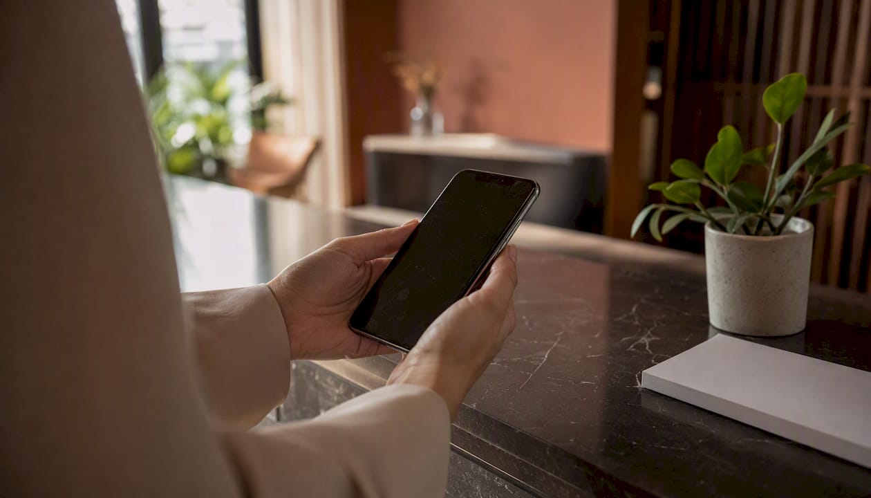 Hands holding smartphone in dental practice reception