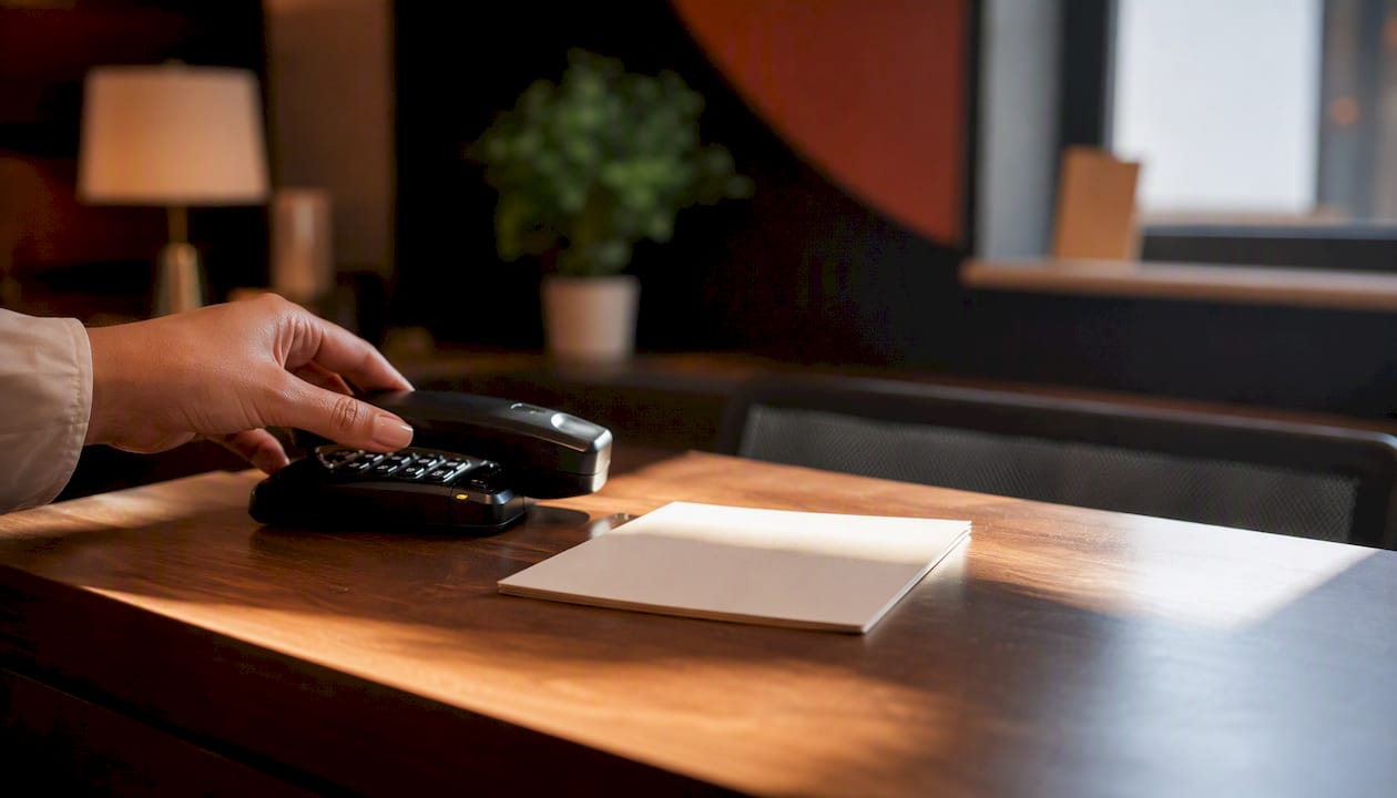 Hand placing phone next to language guide card
