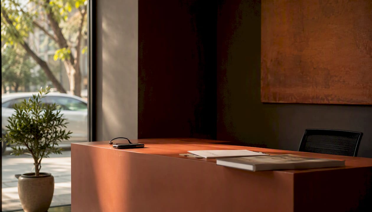 Bilingual office front desk with phone and headset