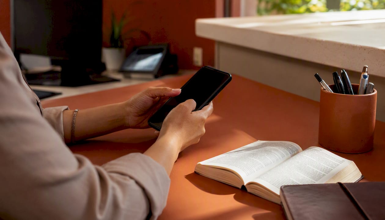 Hands holding smartphone at bilingual reception desk