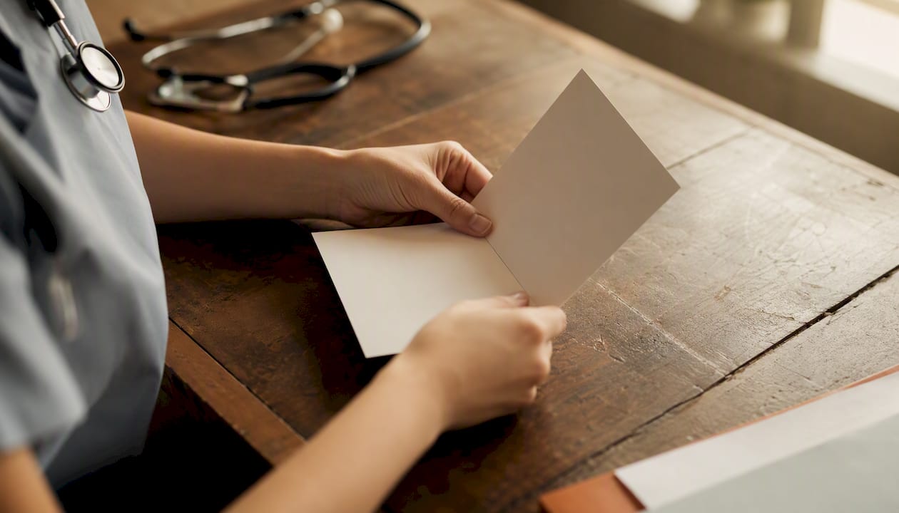 Manos de un clínico sosteniendo una tarjeta de instrucciones médicas en blanco