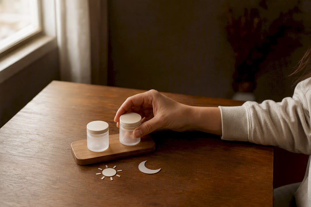 Mano colocando envases de pastillas con íconos de medicamentos
