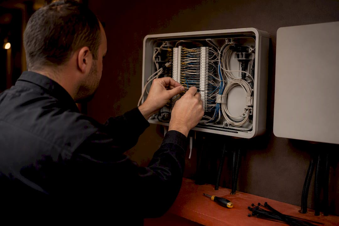 Técnico ajustando cableado de telecomunicaciones dentro de una caja de equipo