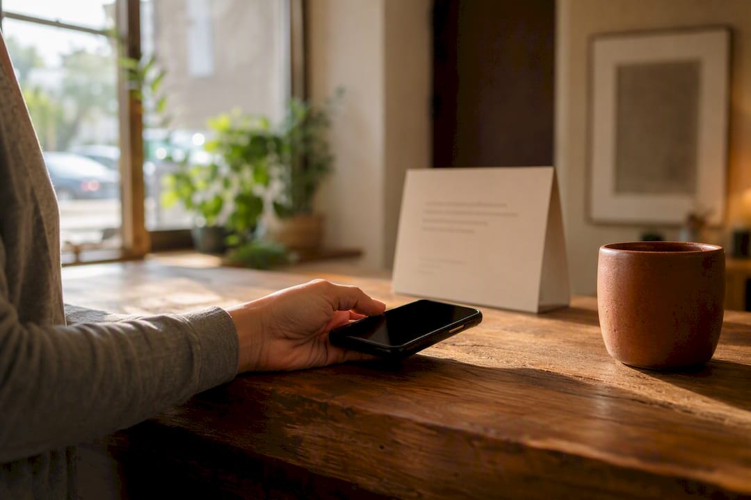 Hand holding smartphone on clinic desk