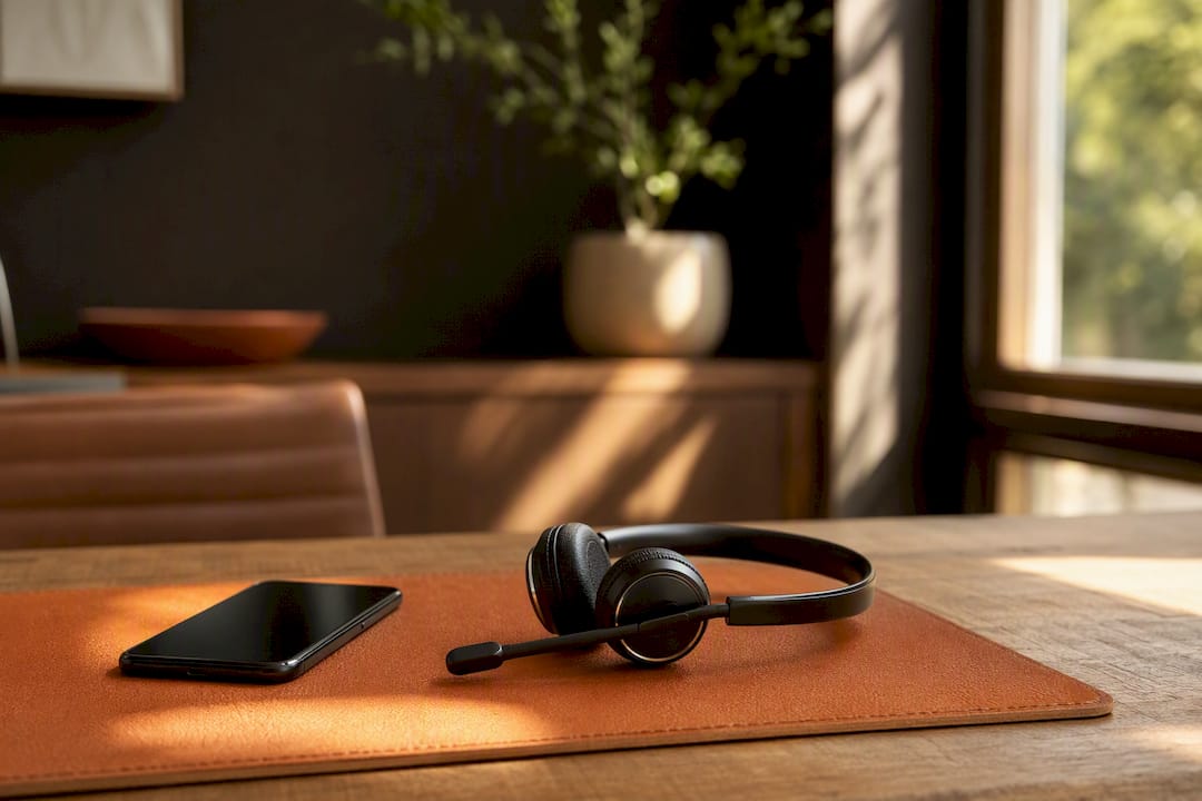 Headset and smartphone on front desk