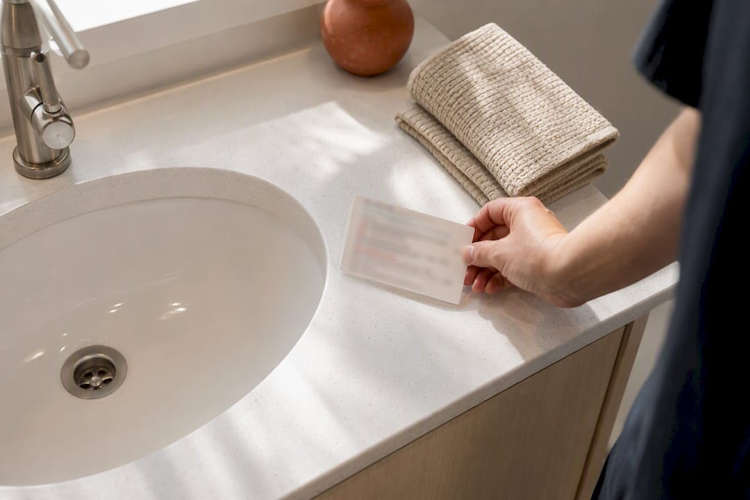Tarjeta de instrucciones plastificada junto al lavabo dental