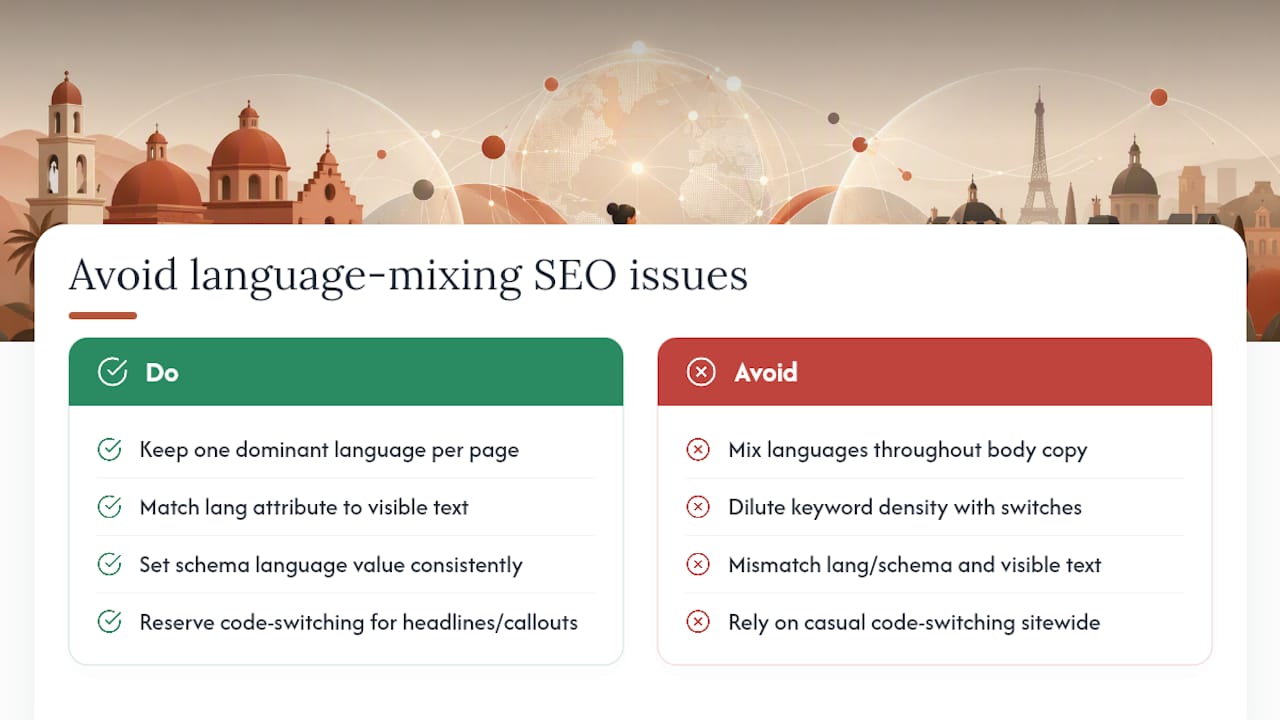 Implicaciones de SEO al mezclar idiomas dentro de una misma página (code-switching) — diagrama general