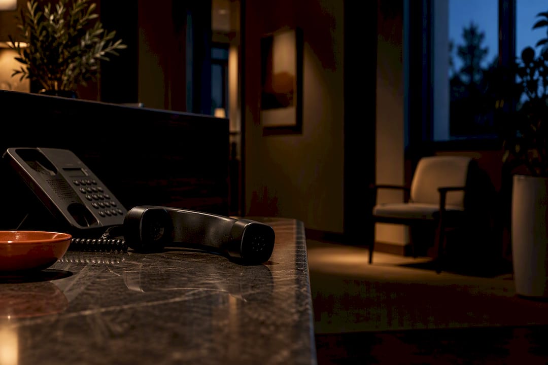 Unanswered practice phone beside empty appointment chair