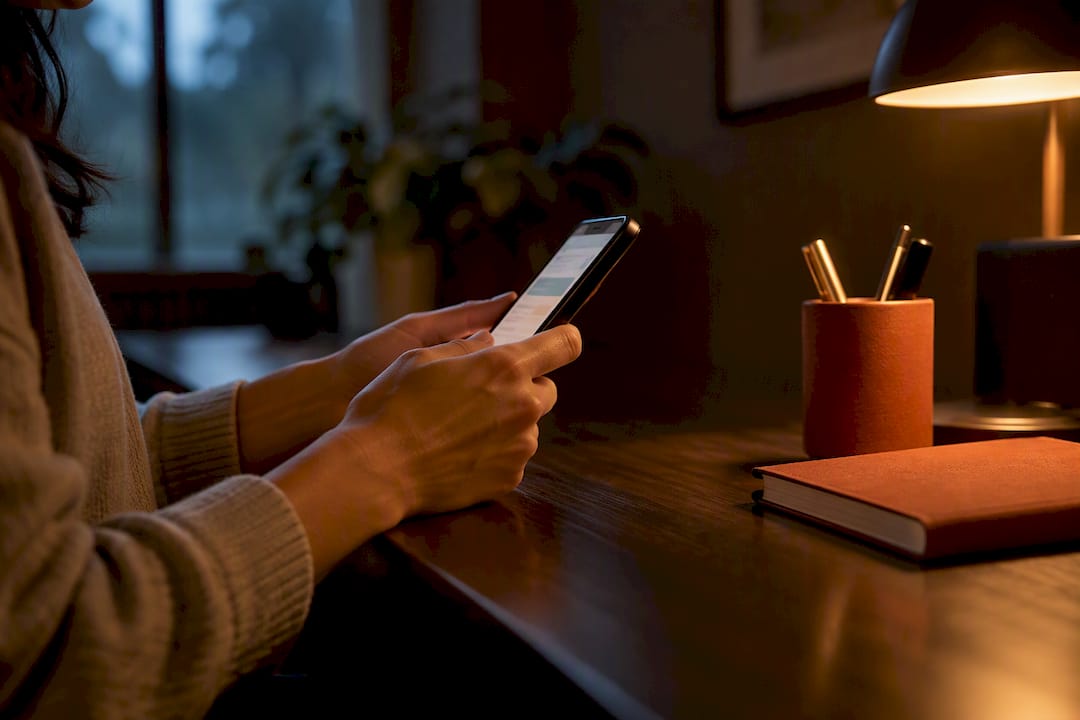 Hands reviewing bilingual WhatsApp auto replies