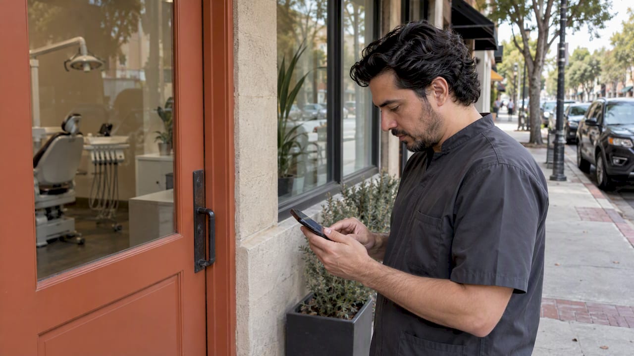 Practice owner checking business details outside clinic